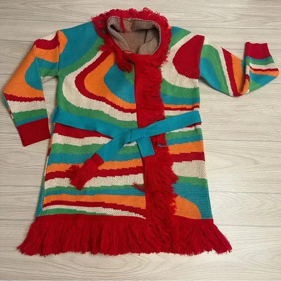 Dee Elly Print Red Fringe Long Open Cardigan Women’s size Small - Picture 14 of 14